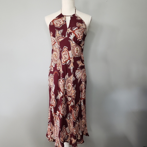 LOFT Dresses & Skirts - Ann Taylor Loft Burgundy Silk Floral Halter Midi Dress